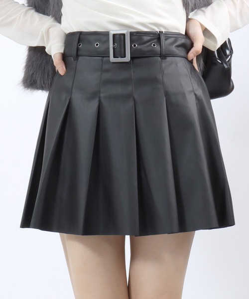 セール】フェイクレザー合皮ベルト付きプリーツミニスカート