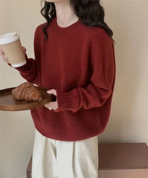 shyam inspiration(シャムインスピレーション)の「カラバリ豊富!もちもちシンプルニットトップス(ニット/セーター・レディース・ベージュ/ホワイト/レッド/グレー/ブラック・F)」の5枚目の写真