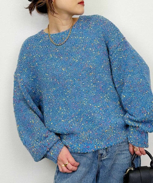 PICCIN（ピッチン）の「ポンポンヤーンボリュームニット（ニット/セーター・レディース・ブルー/ライトグレー・M）」の2枚目の写真