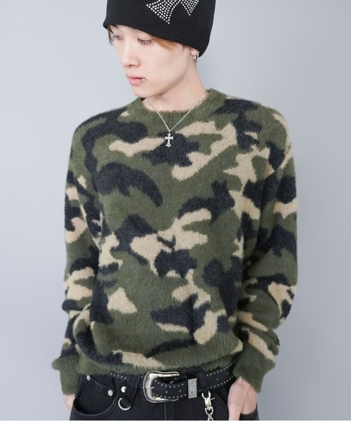 セール】短丈シャギー柄ニット/アート・ヒョウ・カモフラ/ふわふわで