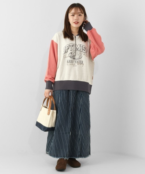 KRIFF MAYER Lady's Collection(クリフメイヤーレディースコレクション)の「のび~る裏毛 ハーフジップ カレッジロゴスウェット / プルオーバー(スーパーストレッチ)(スウェット・レディース・グリーン/オートミール/チャコール/ブルー/カラフル・MEDIUM/LARGE)」の10枚目の写真