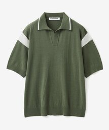 BLOND9（ブロンドナイン）の「コットンバシティオープンカラー半袖ニット_ディープグリーン（ニット/セーター）」