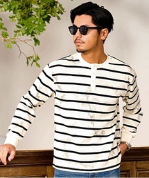 BENUSTA（ベヌスタ）の「『BENUSTA/ベヌスタ』汚し加工ボーダーヘンリーネック長袖Tシャツ【CN】（Tシャツ/カットソー）」