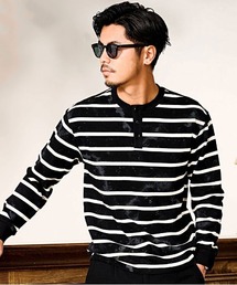 BENUSTA（ベヌスタ）の「『BENUSTA/ベヌスタ』汚し加工ボーダーヘンリーネック長袖Tシャツ【CN】（Tシャツ/カットソー）」