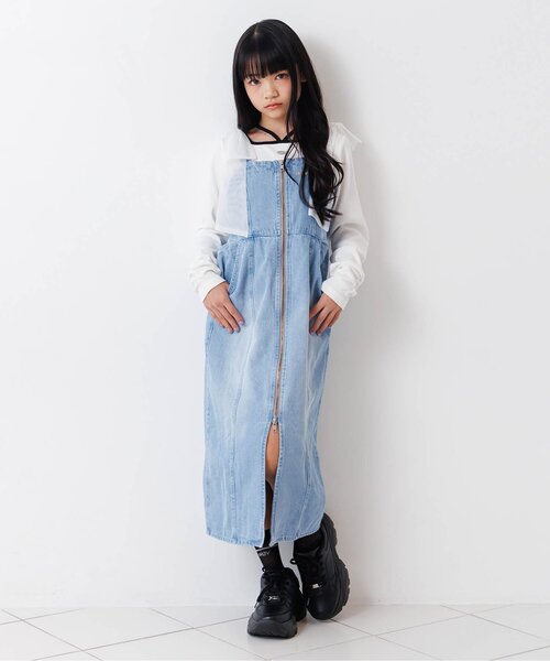 algy（アルジー）の「フロントジップりぼんジャンスカ（ワンピース・キッズ・サックスブルー/グレー・160/150/140/130）」の3枚目の写真