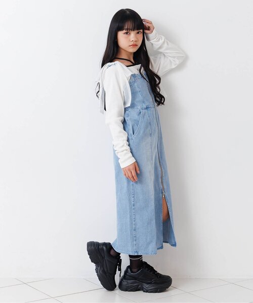 algy（アルジー）の「フロントジップりぼんジャンスカ（ワンピース・キッズ・サックスブルー/グレー・160/150/140/130）」の5枚目の写真
