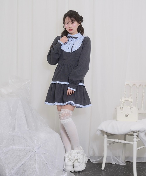 Honey Cinnamon(ハニーシナモン)の「配色ヨークフリルワンピース(ワンピース・レディース・ピンク/サックスブルー・FREE)」の15枚目の写真