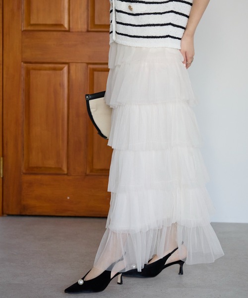 PREFERIR（プレフェリール）の「【春定番】ティアード チュールスカート/ロング丈・ウエストゴム（スカート・レディース・グレー/オフホワイト/ブラック・FREE）」の2枚目の写真