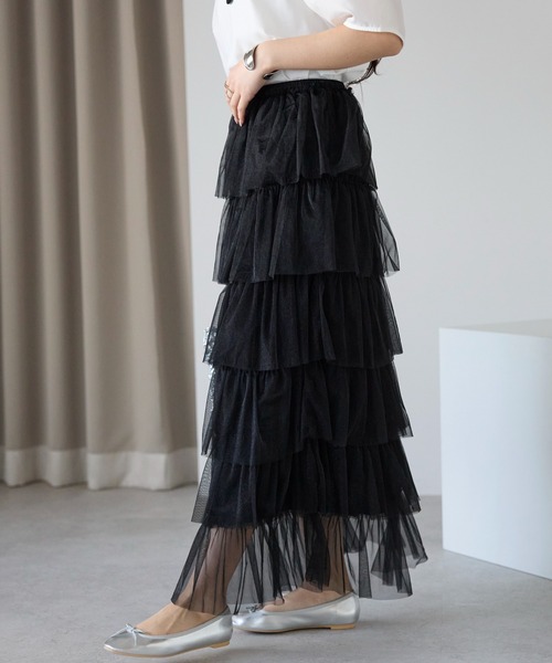 PREFERIR（プレフェリール）の「【春定番】ティアード チュールスカート/ロング丈・ウエストゴム（スカート・レディース・グレー/オフホワイト/ブラック・FREE）」の4枚目の写真