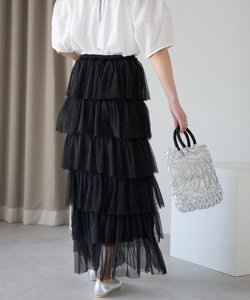 PREFERIR（プレフェリール）の「【春定番】ティアード チュールスカート/ロング丈・ウエストゴム（スカート・レディース・グレー/オフホワイト/ブラック・FREE）」の5枚目の写真