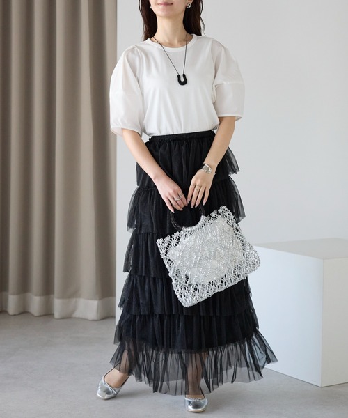 PREFERIR（プレフェリール）の「【春定番】ティアード チュールスカート/ロング丈・ウエストゴム（スカート・レディース・グレー/オフホワイト/ブラック・FREE）」の7枚目の写真