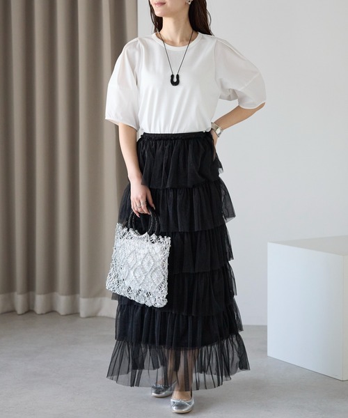 PREFERIR（プレフェリール）の「【春定番】ティアード チュールスカート/ロング丈・ウエストゴム（スカート・レディース・グレー/オフホワイト/ブラック・FREE）」の8枚目の写真