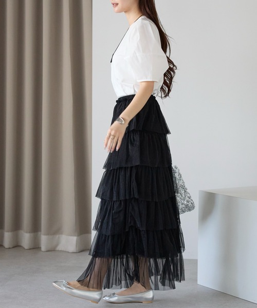 PREFERIR（プレフェリール）の「【春定番】ティアード チュールスカート/ロング丈・ウエストゴム（スカート・レディース・グレー/オフホワイト/ブラック・FREE）」の12枚目の写真