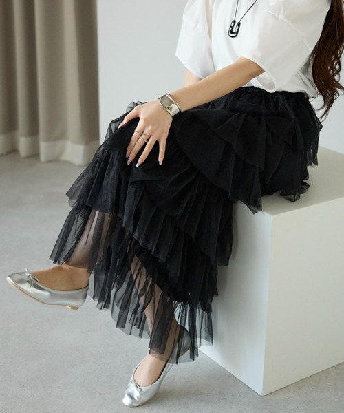 PREFERIR（プレフェリール）の「【春定番】ティアード チュールスカート/ロング丈・ウエストゴム（スカート・レディース・グレー/オフホワイト/ブラック・FREE）」の16枚目の写真
