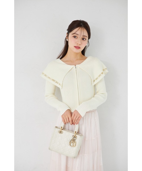 tocco closet（トッコ　クローゼット）の「パールラインビックカラーリブニットジップカーディガン（カーディガン/ボレロ・レディース・ネイビー/オフホワイト・M）」の16枚目の写真