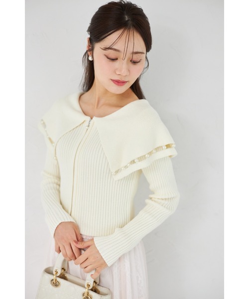 tocco closet（トッコ　クローゼット）の「パールラインビックカラーリブニットジップカーディガン（カーディガン/ボレロ・レディース・ネイビー/オフホワイト・M）」の17枚目の写真