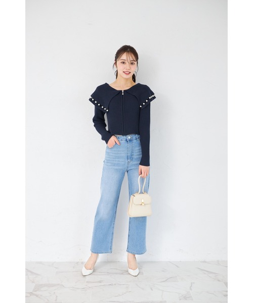 tocco closet（トッコ　クローゼット）の「パールラインビックカラーリブニットジップカーディガン（カーディガン/ボレロ・レディース・ネイビー/オフホワイト・M）」の20枚目の写真