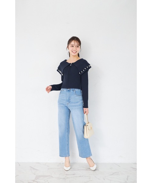 tocco closet（トッコ　クローゼット）の「パールラインビックカラーリブニットジップカーディガン（カーディガン/ボレロ・レディース・ネイビー/オフホワイト・M）」の21枚目の写真