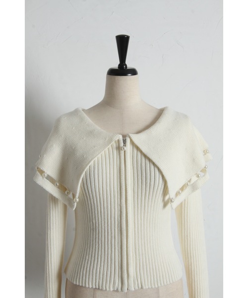 tocco closet（トッコ　クローゼット）の「パールラインビックカラーリブニットジップカーディガン（カーディガン/ボレロ・レディース・ネイビー/オフホワイト・M）」の7枚目の写真