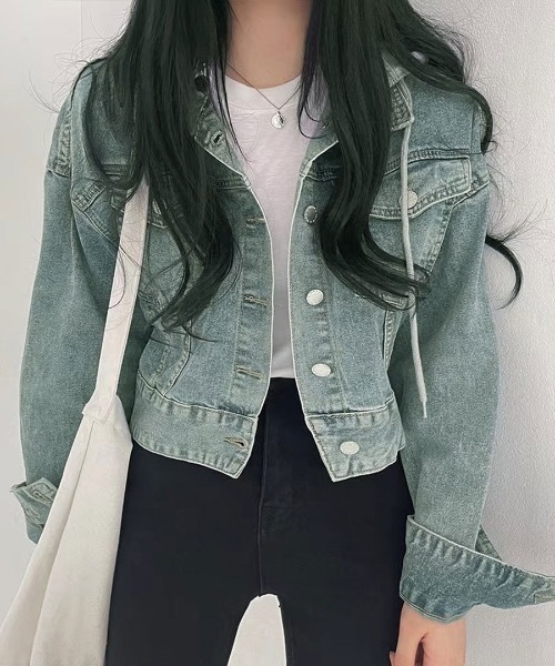 クロップドフード付きデニムジャケット