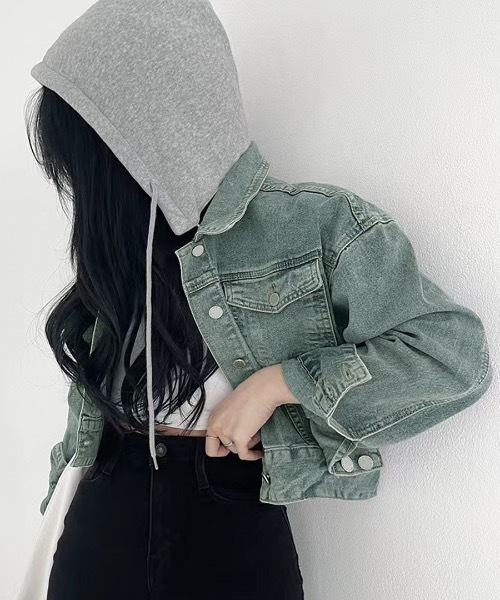 Riff(リフ)の「クロップドフード付きデニムジャケット(デニムジャケット・レディース・ブラック/ブルー・FREE)」の16枚目の写真