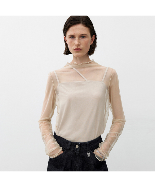 ATELIER NAIN(アトリエナイン)の「LAYERD SHIRRING SHEER TEE(BL-4290)(Tシャツ/カットソー・レディース・ブラック/ライトベージュ・MEDIUM/SMALL)」の1枚目の写真