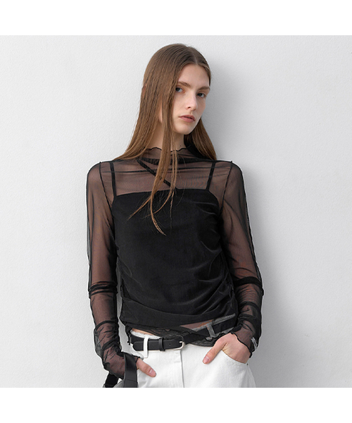 ATELIER NAIN(アトリエナイン)の「LAYERD SHIRRING SHEER TEE(BL-4290)(Tシャツ/カットソー・レディース・ブラック/ライトベージュ・MEDIUM/SMALL)」の2枚目の写真