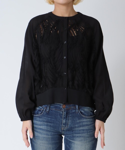 Jines（ジネス）の「テープ刺繍レースカーディガン（カーディガン/ボレロ・レディース・ブラック/ホワイト/アイボリー・38）」の4枚目の写真