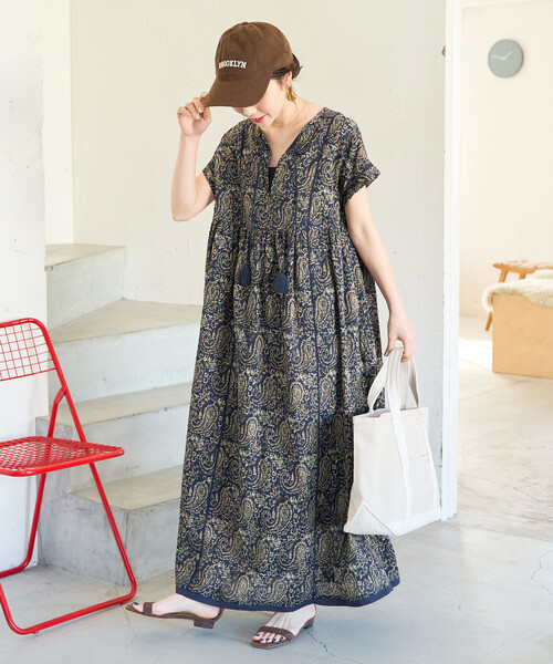 極美品♡ミュベール ロングワンピース ペイズリー フリンジ スキッパー パープル セール】限定展開 インド ペイズリー スキッパー ワンピース