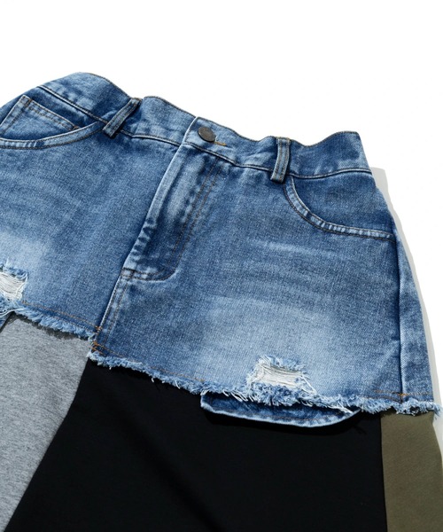 CUBE SUGAR（キューブシュガー）の「CUBE SUGAR/キューブシュガー　デニム x ジャージー クレイジースカート（スカート・レディース・カーキ・FREE）」の2枚目の写真