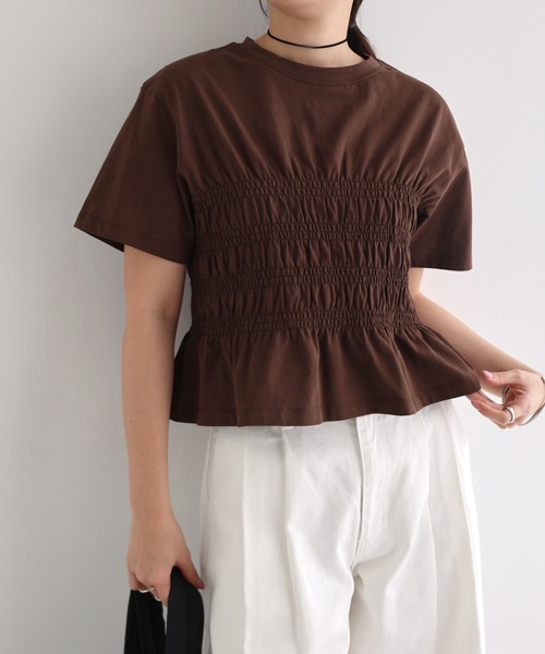 andme(アンドミー)の「シャーリングTシャツ(Tシャツ/カットソー・レディース・ピンク/ブラウン/ブラック/オフホワイト・M)」の3枚目の写真