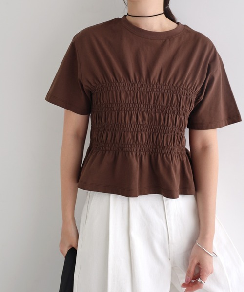andme(アンドミー)の「シャーリングTシャツ(Tシャツ/カットソー・レディース・ピンク/ブラウン/ブラック/オフホワイト・M)」の16枚目の写真