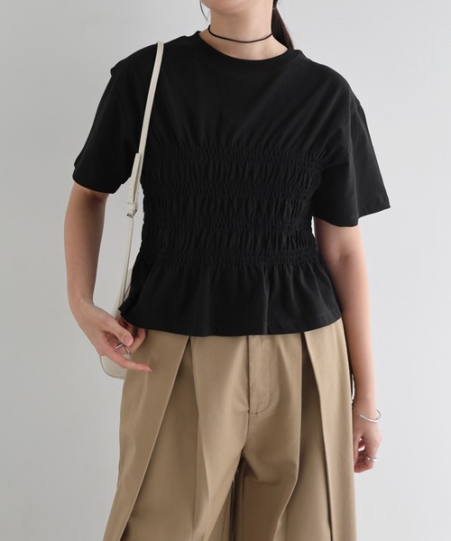 andme(アンドミー)の「シャーリングTシャツ(Tシャツ/カットソー・レディース・ピンク/ブラウン/ブラック/オフホワイト・M)」の18枚目の写真