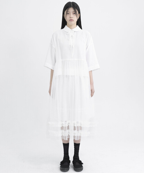 Bshop（ビショップ）の「eunoia | レイヤードメッシュワンピース WOMEN（ワンピース・レディース・ホワイト/ブラック・ONE）」の2枚目の写真