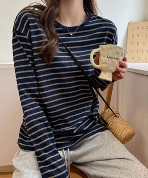 SallyLunn(サリーラン)の「ニュアンス配色ボーダーロンT(Tシャツ/カットソー・レディース・グレー/ブラウン/ネイビー・MEDIUM/LARGE)」の3枚目の写真