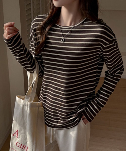 SallyLunn(サリーラン)の「ニュアンス配色ボーダーロンT(Tシャツ/カットソー・レディース・グレー/ブラウン/ネイビー・MEDIUM/LARGE)」の1枚目の写真