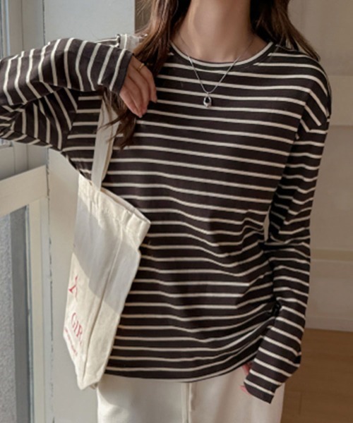 SallyLunn(サリーラン)の「ニュアンス配色ボーダーロンT(Tシャツ/カットソー・レディース・グレー/ブラウン/ネイビー・MEDIUM/LARGE)」の15枚目の写真