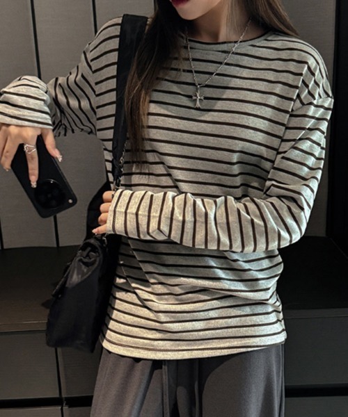 SallyLunn(サリーラン)の「ニュアンス配色ボーダーロンT(Tシャツ/カットソー・レディース・グレー/ブラウン/ネイビー・MEDIUM/LARGE)」の7枚目の写真