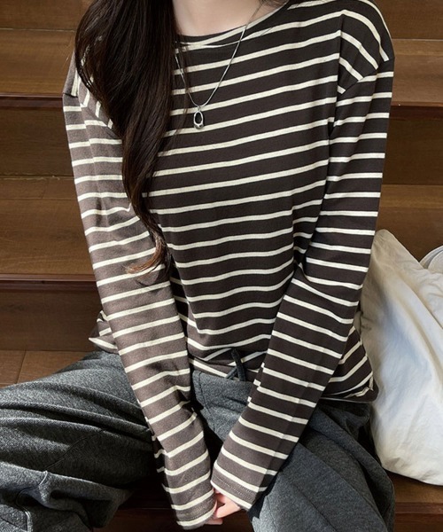 SallyLunn(サリーラン)の「ニュアンス配色ボーダーロンT(Tシャツ/カットソー・レディース・グレー/ブラウン/ネイビー・MEDIUM/LARGE)」の13枚目の写真