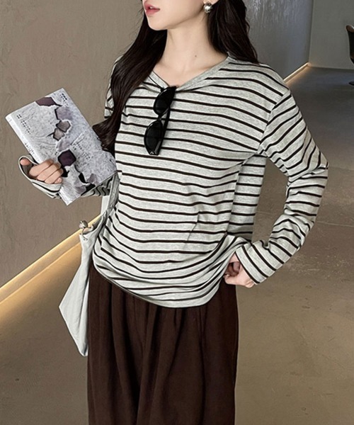 SallyLunn(サリーラン)の「ニュアンス配色ボーダーロンT(Tシャツ/カットソー・レディース・グレー/ブラウン/ネイビー・MEDIUM/LARGE)」の8枚目の写真