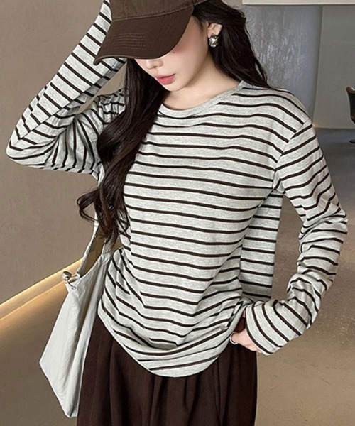 SallyLunn(サリーラン)の「ニュアンス配色ボーダーロンT(Tシャツ/カットソー・レディース・グレー/ブラウン/ネイビー・MEDIUM/LARGE)」の9枚目の写真