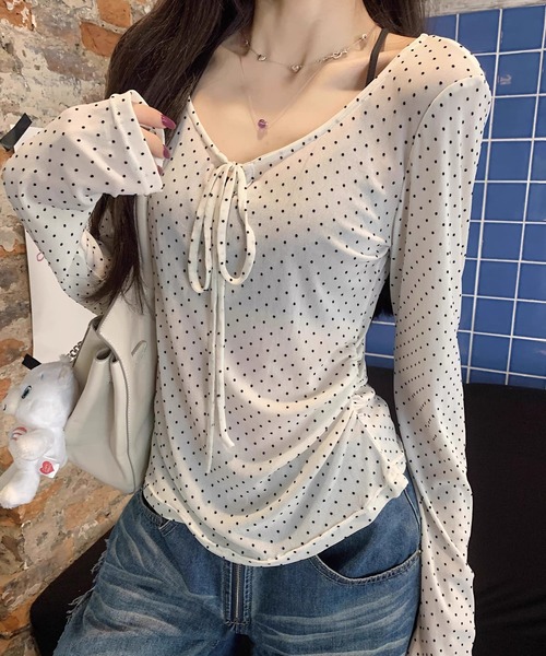 shopnikoniko(ショップニコニコ)の「ドットトップス 長袖 リボン シアー ドット シアートップス(その他トップス・レディース・ドット・フリー)」の1枚目の写真