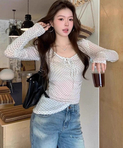 shopnikoniko(ショップニコニコ)の「ドットトップス 長袖 リボン シアー ドット シアートップス(その他トップス・レディース・ドット・フリー)」の3枚目の写真