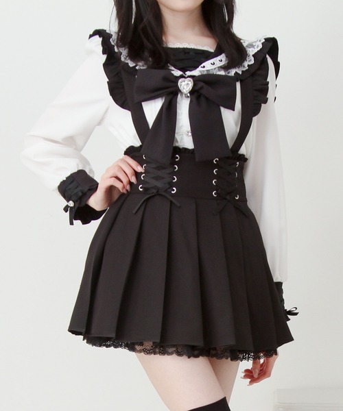 DearMyLove(ディアマイラブ)の「サス付きフリルレースアッププリーツスカート(スカート・レディース・ブラック・3L/LARGE/MEDIUM/SMALL)」の1枚目の写真