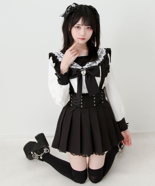 DearMyLove(ディアマイラブ)の「サス付きフリルレースアッププリーツスカート(スカート・レディース・ブラック・3L/LARGE/MEDIUM/SMALL)」の2枚目の写真