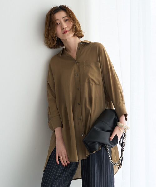 Editt by YECCA VECCA（エディットバイイェッカヴェッカ）の「リブMIXシアーオーバーシャツ（シャツ/ブラウス・レディース・ブラック/ダークベージュ/ダークグリーン・FREE）」の12枚目の写真