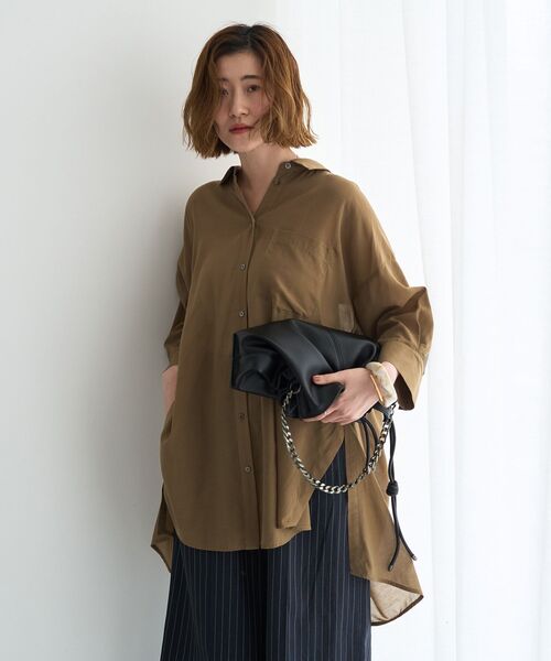 Editt by YECCA VECCA（エディットバイイェッカヴェッカ）の「リブMIXシアーオーバーシャツ（シャツ/ブラウス・レディース・ブラック/ダークベージュ/ダークグリーン・FREE）」の13枚目の写真