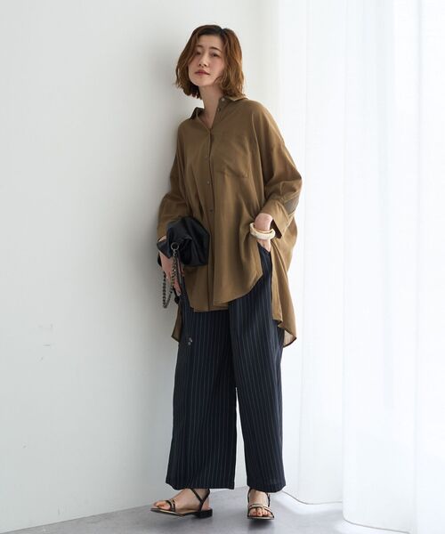 Editt by YECCA VECCA（エディットバイイェッカヴェッカ）の「リブMIXシアーオーバーシャツ（シャツ/ブラウス・レディース・ブラック/ダークベージュ/ダークグリーン・FREE）」の18枚目の写真