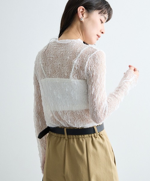 Futier land(フューティアランド)の「透かし編みストレッチレースシアートップス(Tシャツ/カットソー・レディース・ホワイト/ブラック・FREE)」の5枚目の写真