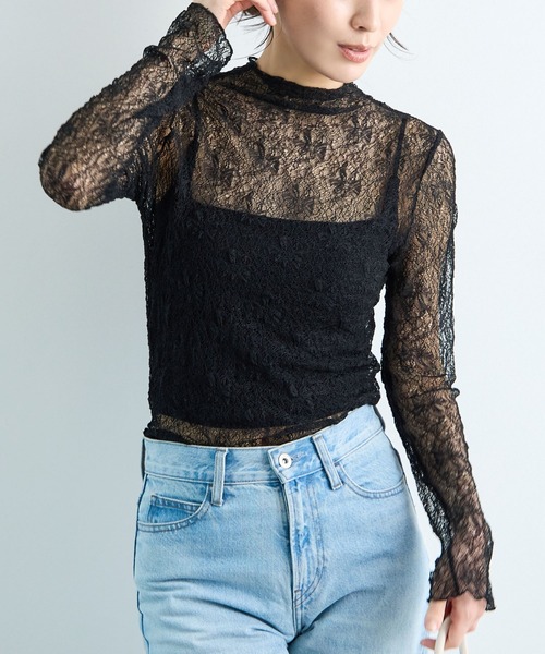 Futier land(フューティアランド)の「透かし編みストレッチレースシアートップス(Tシャツ/カットソー・レディース・ホワイト/ブラック・FREE)」の10枚目の写真